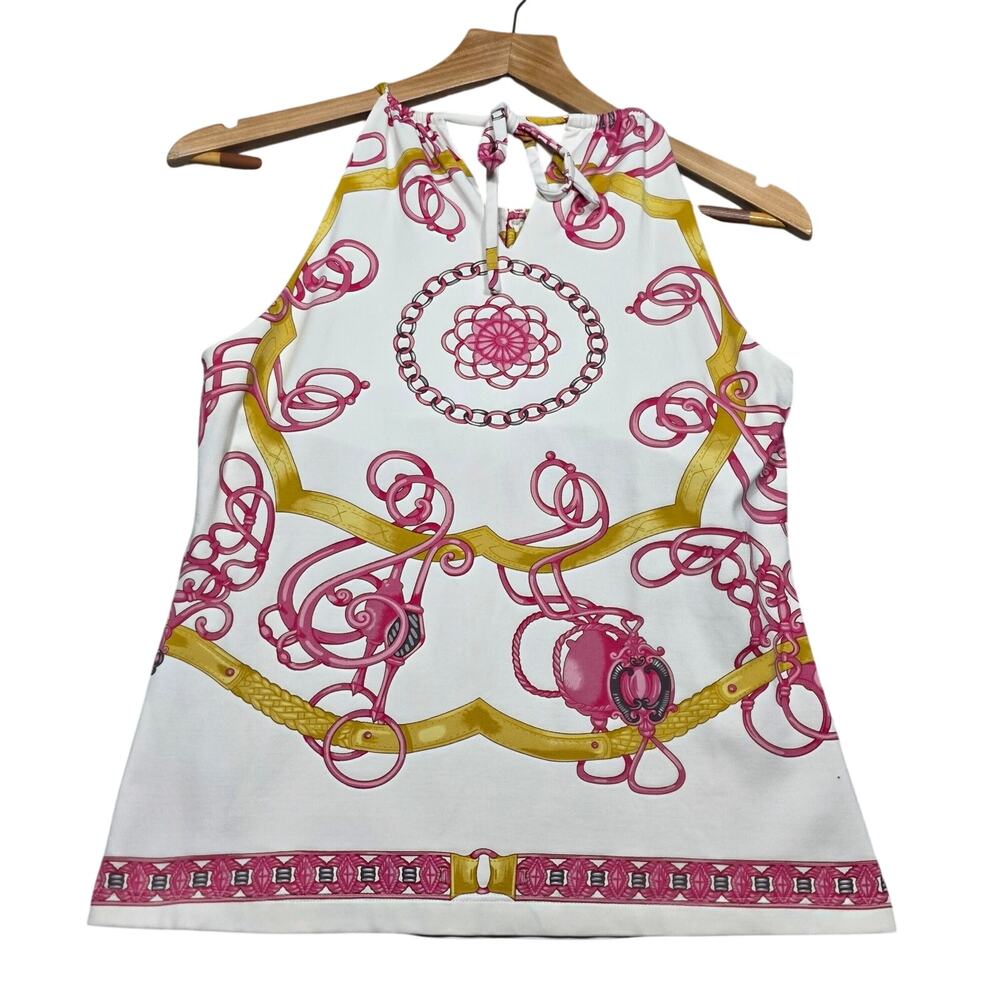 J. McLaughlin White Sleeveless Halter Top with Pink and Gold Chain Print